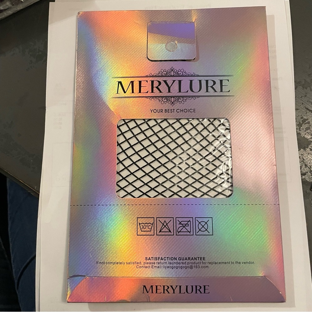 Merylure Holographic Packaging with Black Fishnet Stockings one size